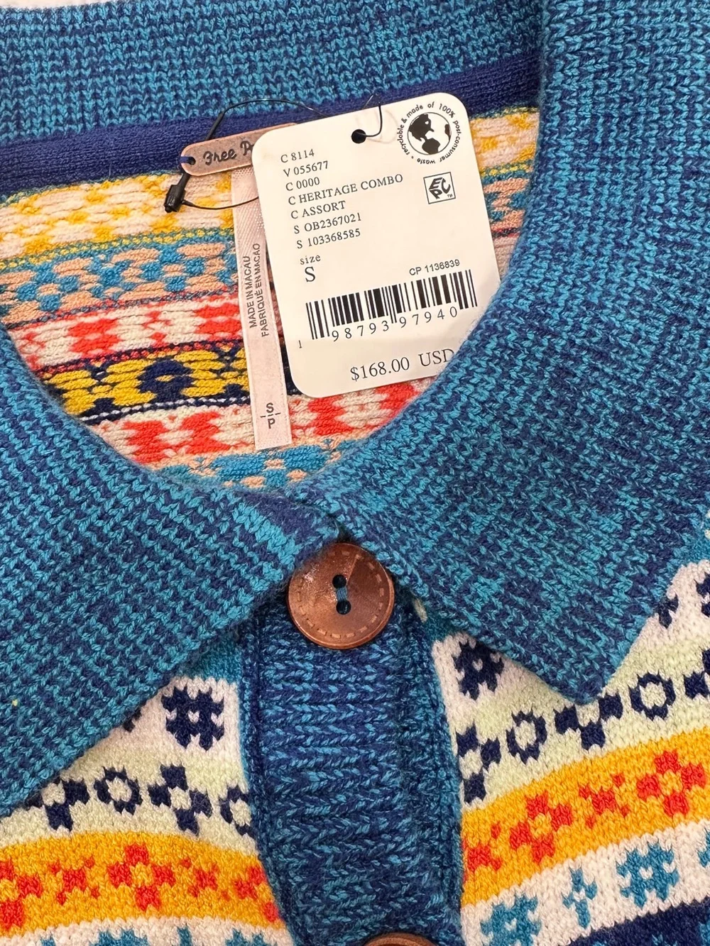 NWT Free People Oak And Pine Cardigan in Heritage Combo